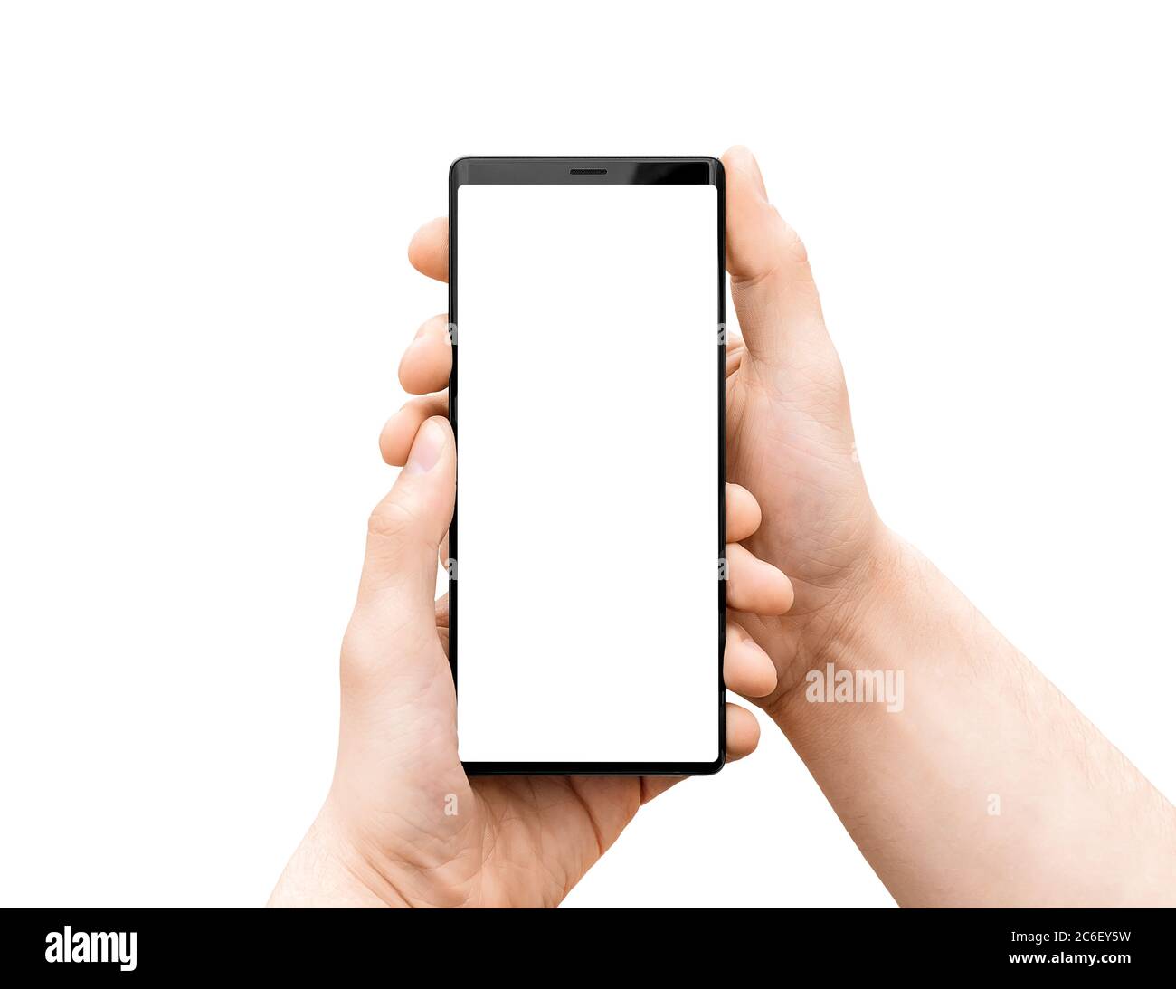 Man S Hand Holding Mobile Smart Phone With Blank Screen Isolated On A